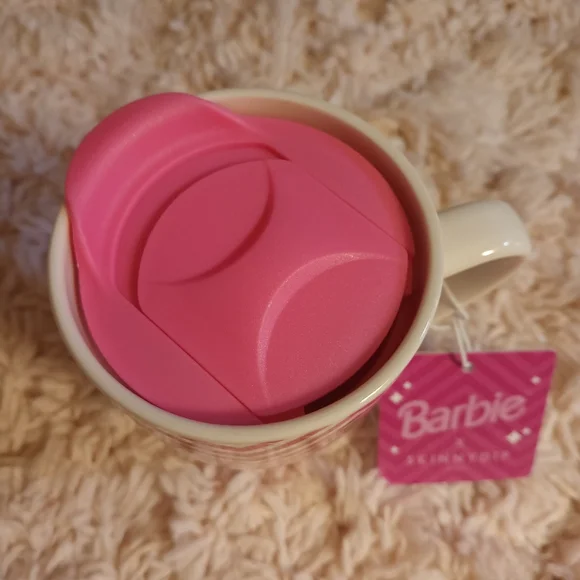 Barbie X SkinnyDip London Pink Chevron Ceramic Travel Mug & Lid, 16 Ounce. - Picture 3 of 5
